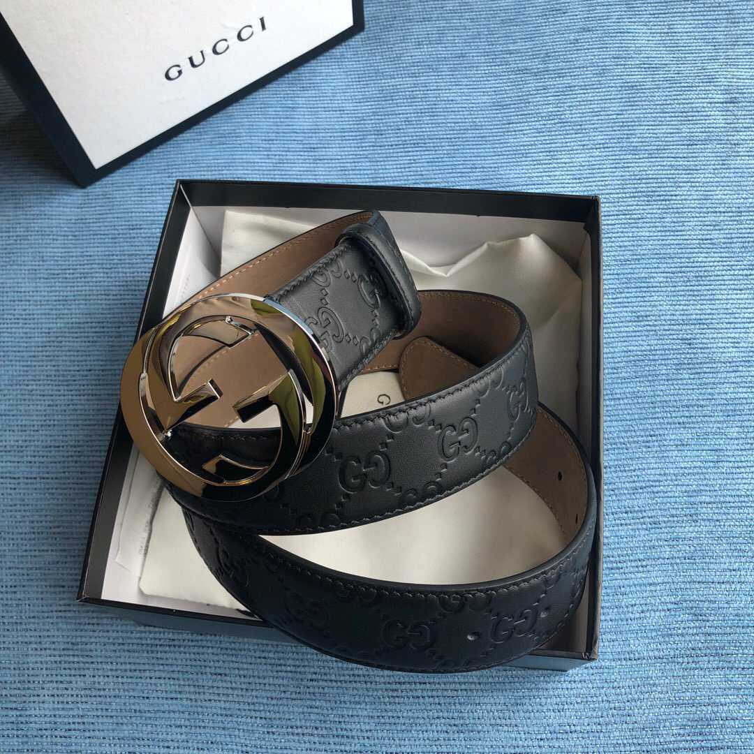 Gucci古驰男士皮带银色双G压花牛皮腰带38mm 