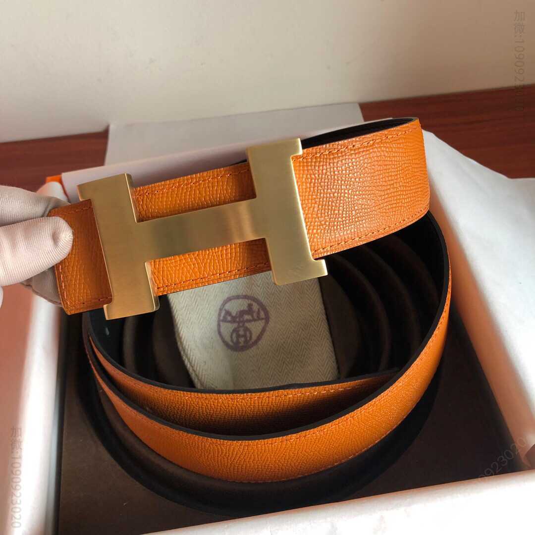 Hermes男款3.8cm精钢四角拉丝焊点金属扣，搭配手掌纹原版皮腰带