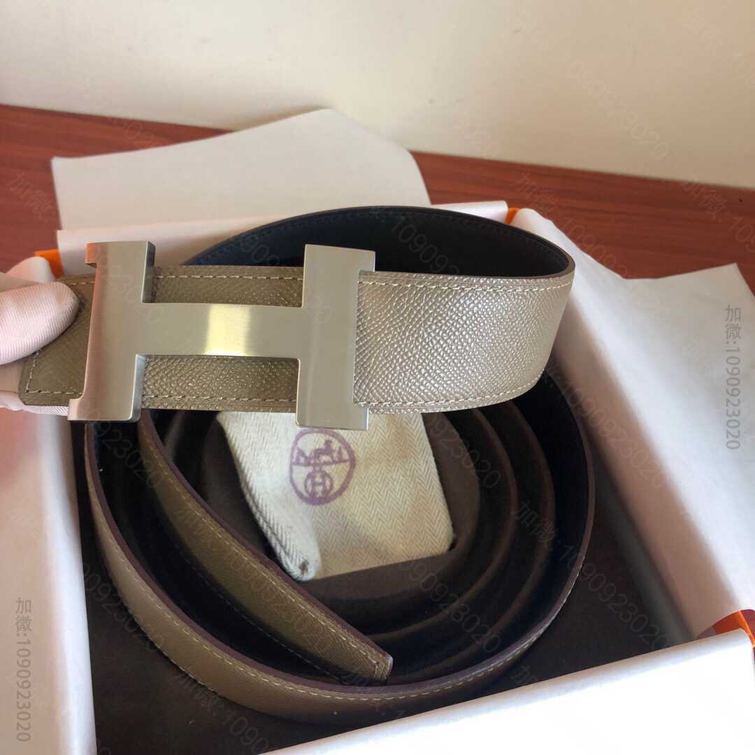 Hermes男款3.8cm精钢四角拉丝焊点金属扣，搭配手掌纹原版皮腰带