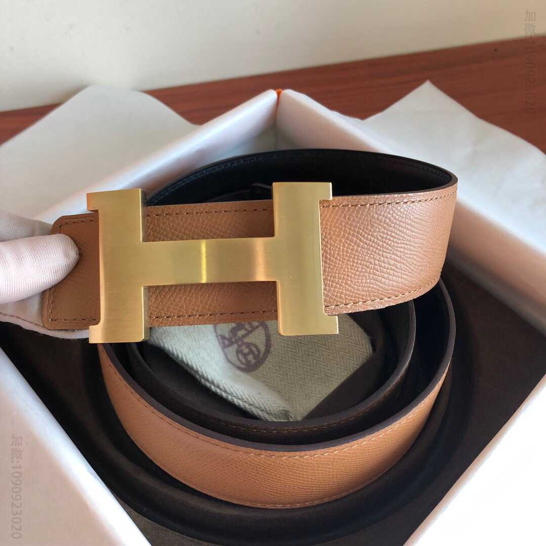Hermes男款3.8cm精钢四角拉丝焊点金属扣，搭配手掌纹原版皮腰带