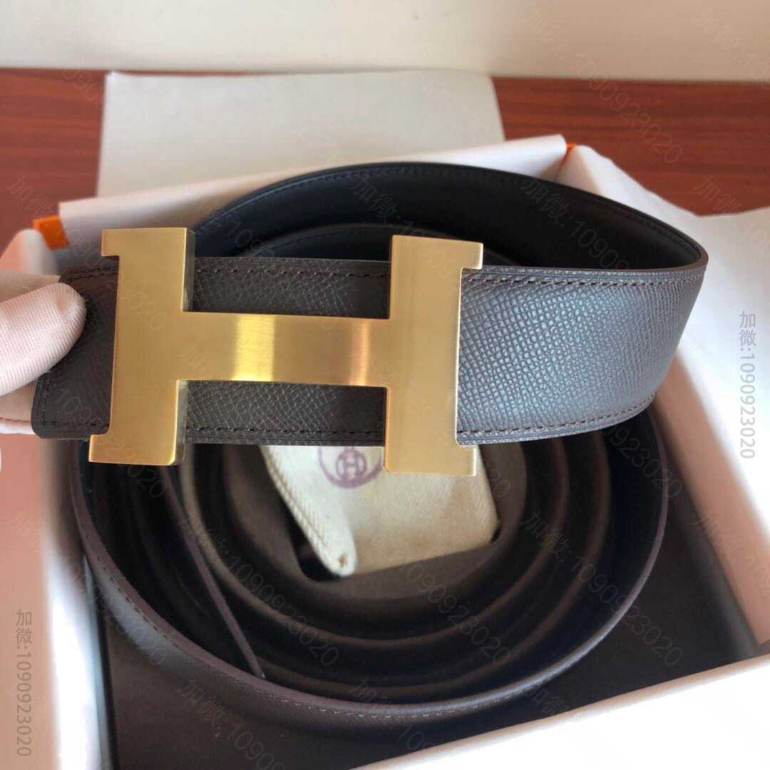 Hermes男款3.8cm精钢四角拉丝焊点金属扣，搭配手掌纹原版皮腰带