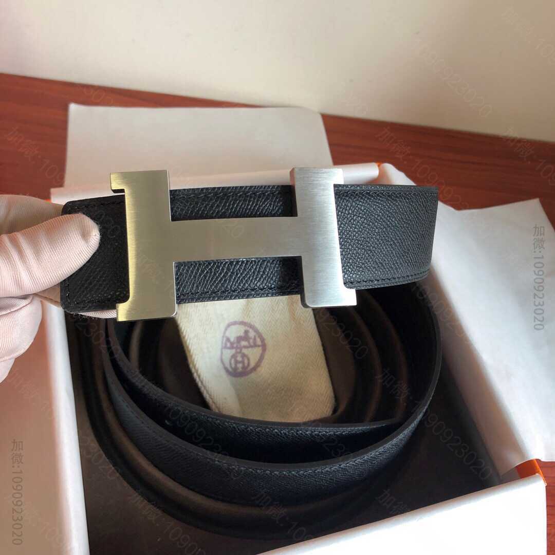 Hermes男款3.8cm精钢四角拉丝焊点金属扣，搭配手掌纹原版皮腰带