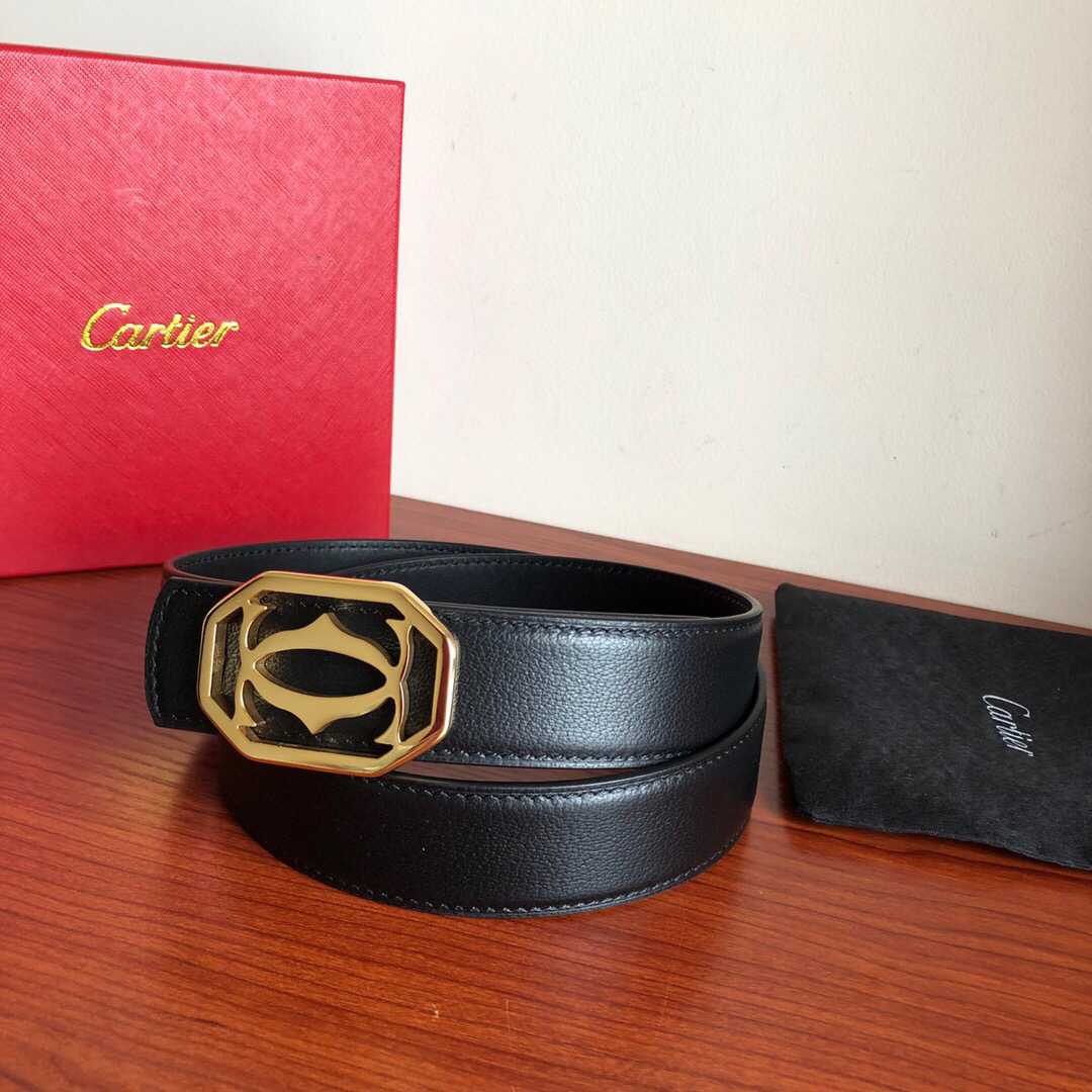 Cartier卡地亚精钢双C镂空金属扣头层牛皮羊纹理男士3.5cm腰带