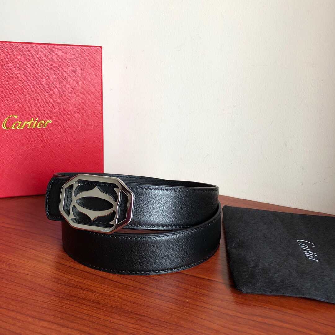 Cartier卡地亚精钢双C镂空金属扣头层牛皮羊纹理男士3.5cm腰带