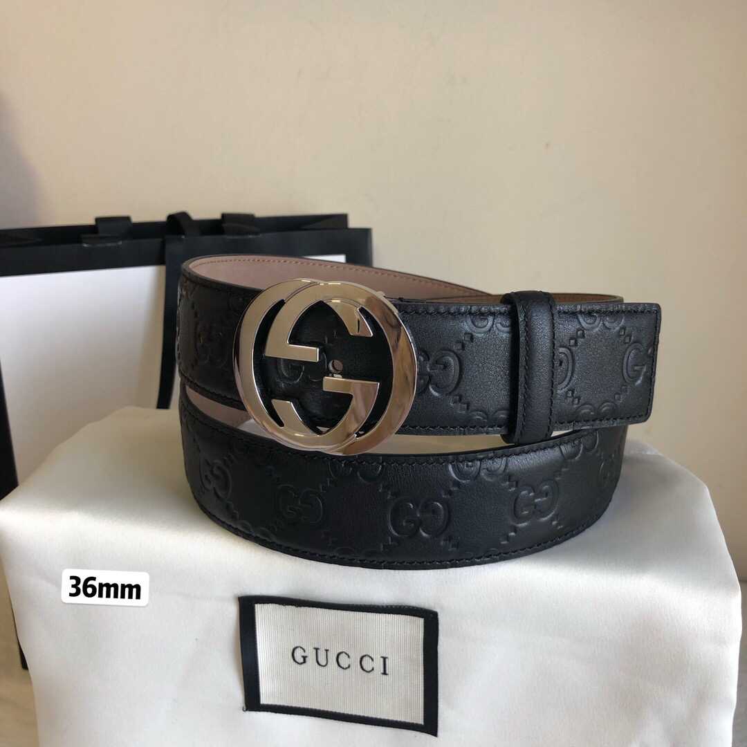 Gucci古驰意大利36mm牛皮板扣式双G压花腰带