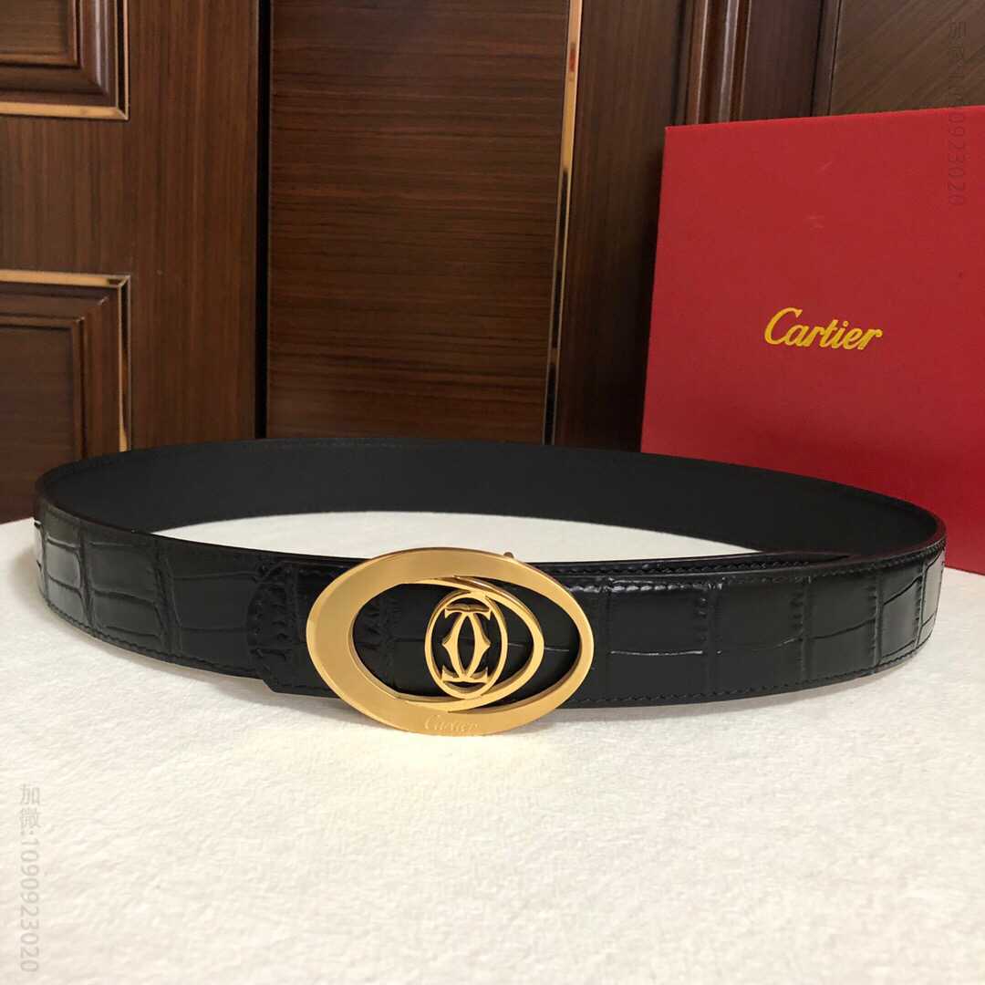 Cartier卡地亚精钢双C镂空金属扣头层牛皮精仿鳄鱼皮腰带3.5cm