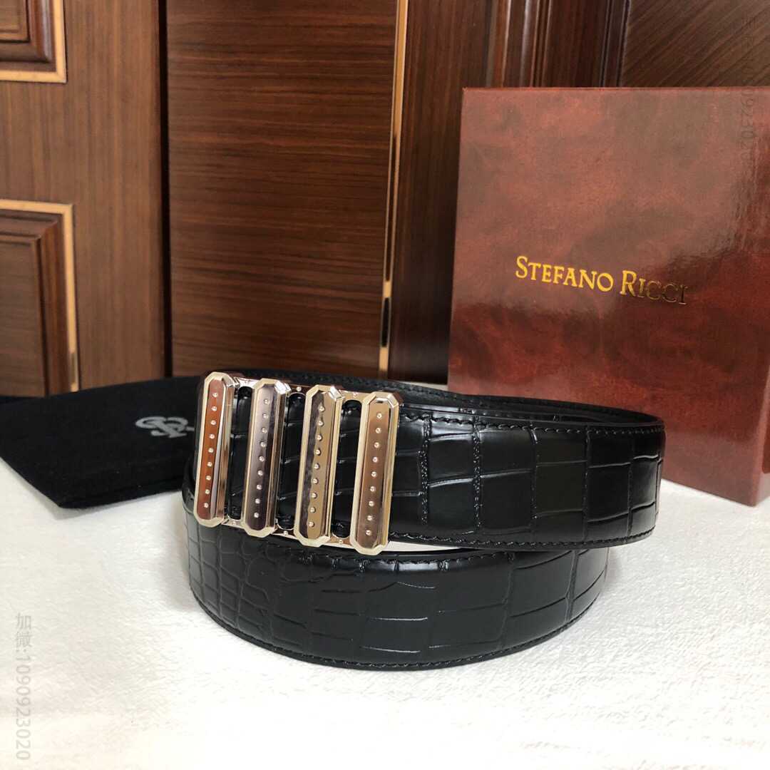 STEFANORICCI史蒂芬.劳尼治专柜款版型精钢镂空内穿扣3.8cm头层牛皮精仿鳄鱼皮腰带