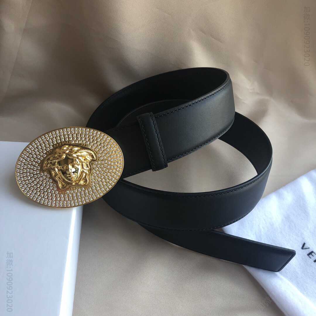 VERSACE范思哲黑色头层牛皮镶嵌施华洛世奇钻装饰美杜莎头像金属扣，男士奢品腰带4.0cm