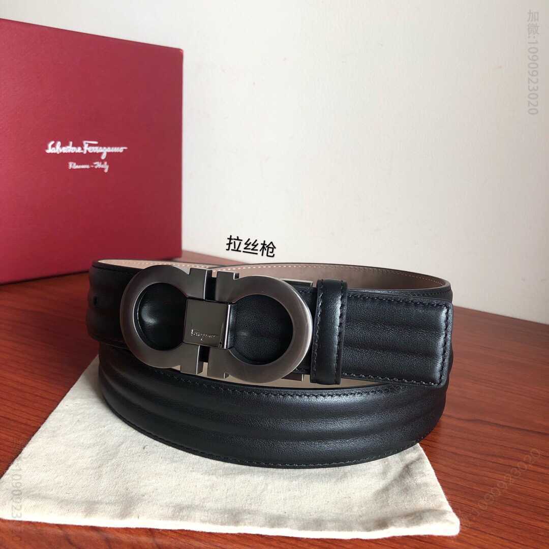 SalvatoreFerragamo菲拉格慕男士3.5cm精品专柜版型金属双圈夹扣，进口双面头层牛皮波浪纹理腰带