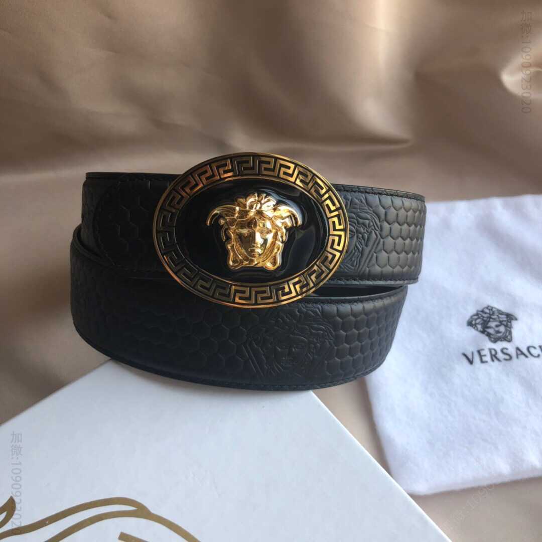 VERSACE范思哲精钢美杜莎树脂金属扣3.8cm男士黑色头层牛皮美杜莎标志腰带