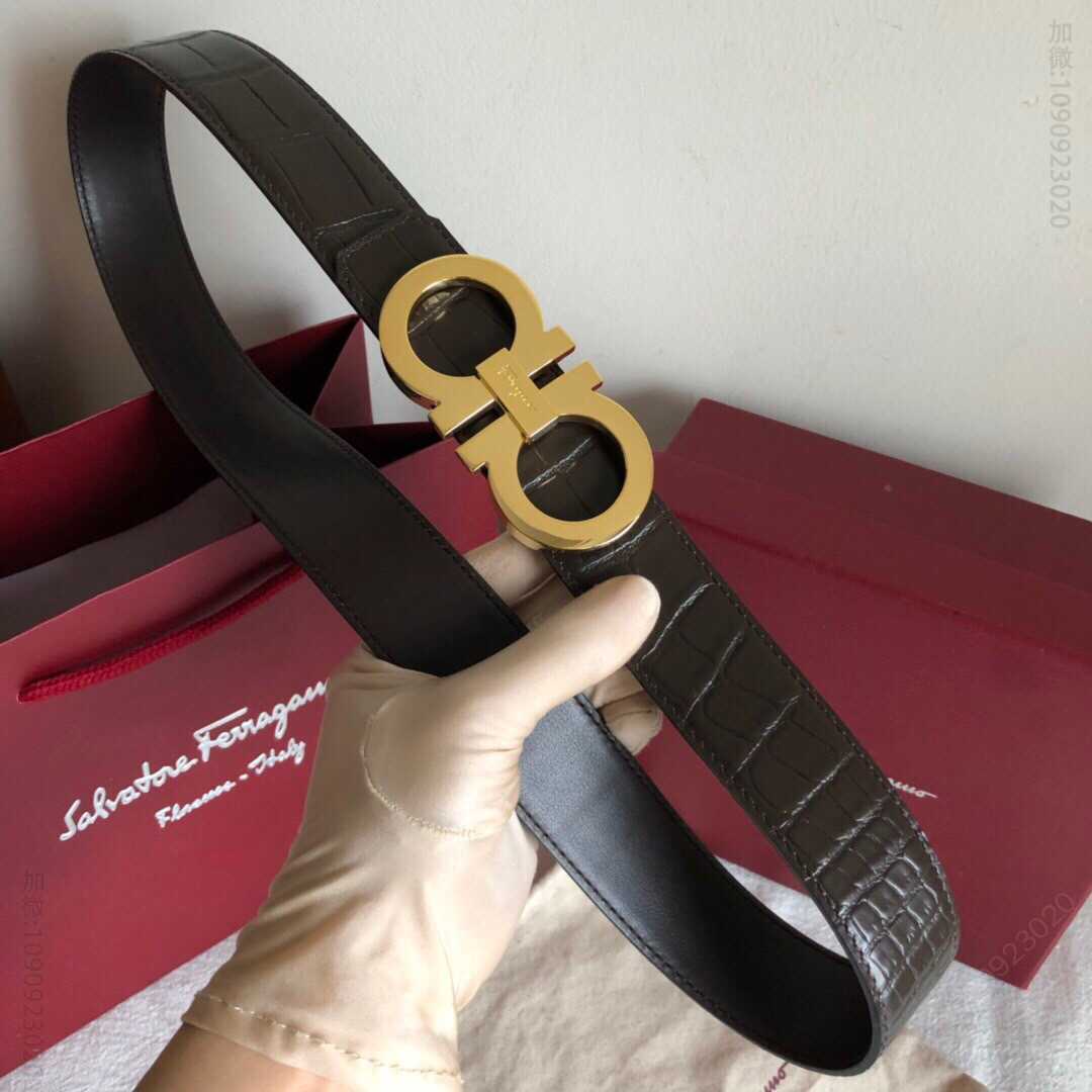 SalvatoreFerragamo菲拉格慕男士3.5cm精致双圈金属挂扣，进口牛皮精仿鳄鱼皮腰带