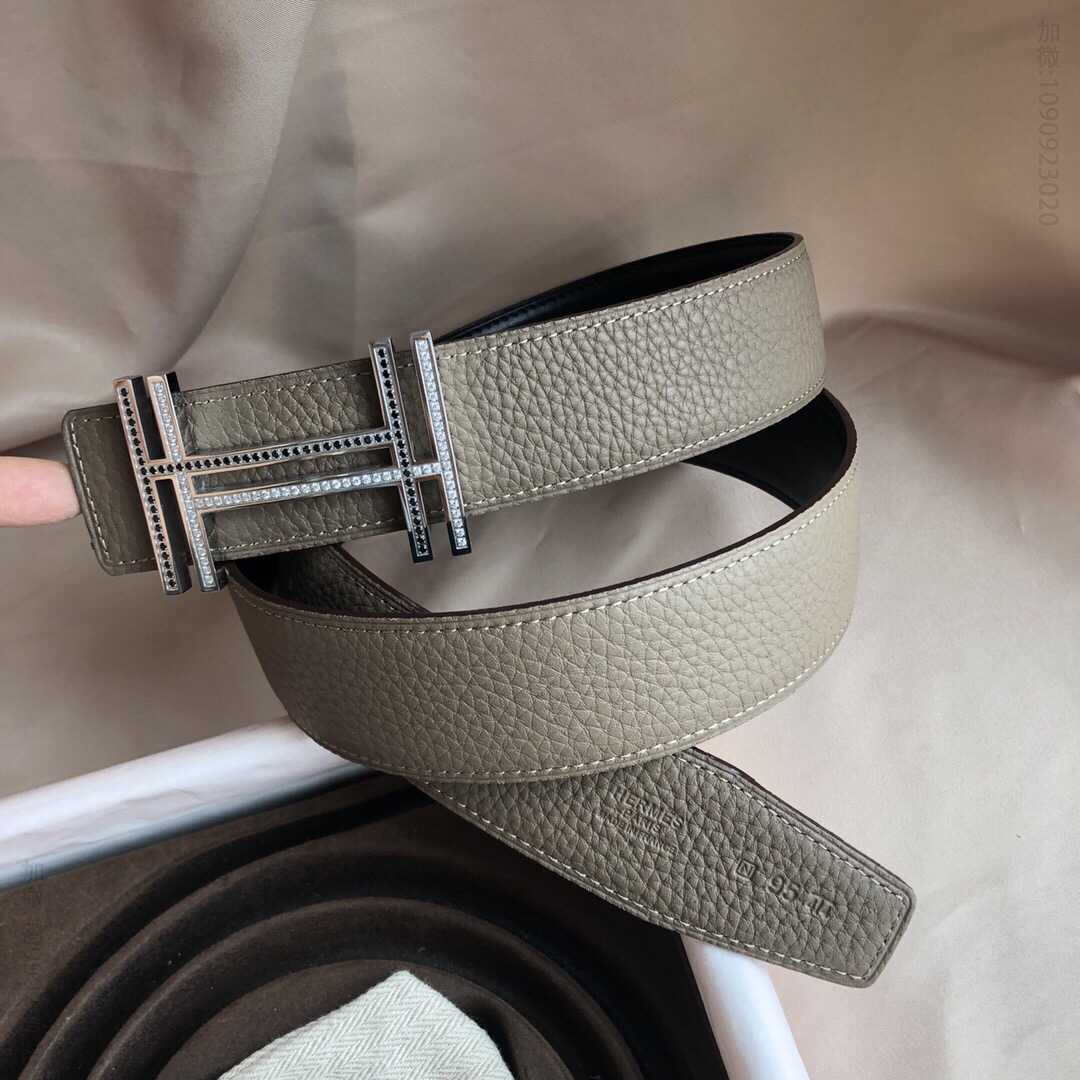 Hermes爱马仕 精钢双H镶嵌钻扣搭配原版皮荔枝纹腰带3.8cm