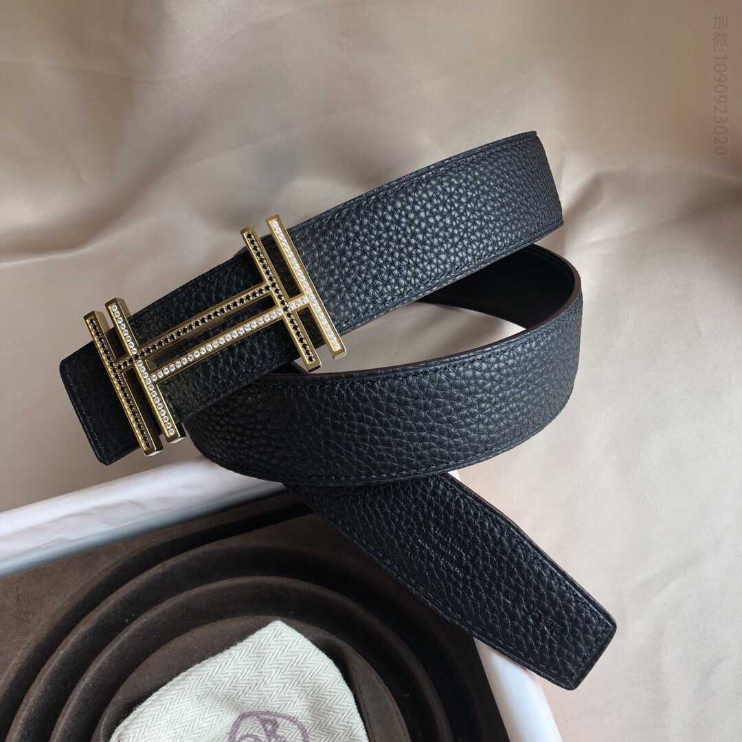 Hermes爱马仕 精钢双H镶嵌钻扣搭配原版皮荔枝纹腰带3.8cm