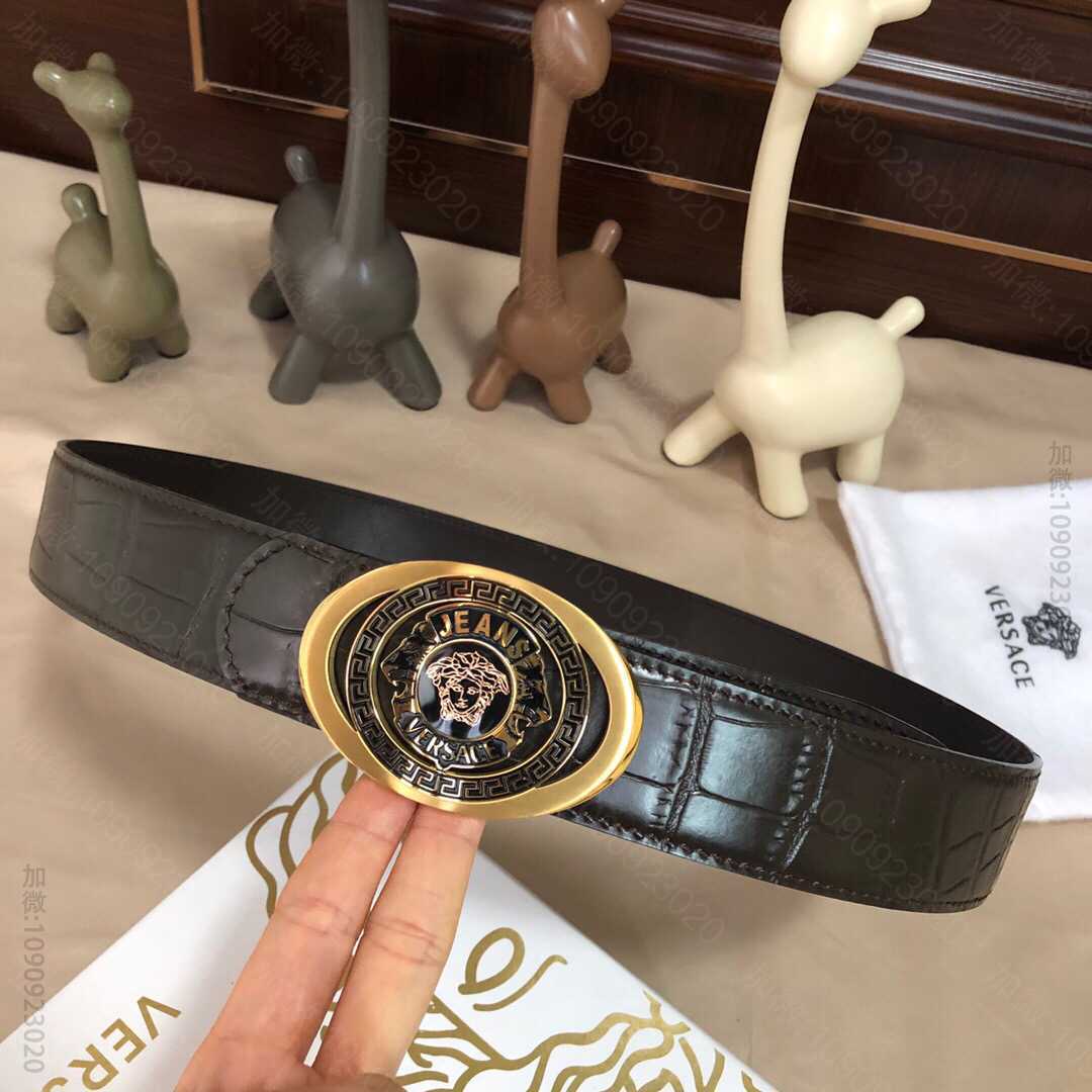 VERSACE范思哲男士黑色头层牛皮鳄鱼纹理腰带3.8CM