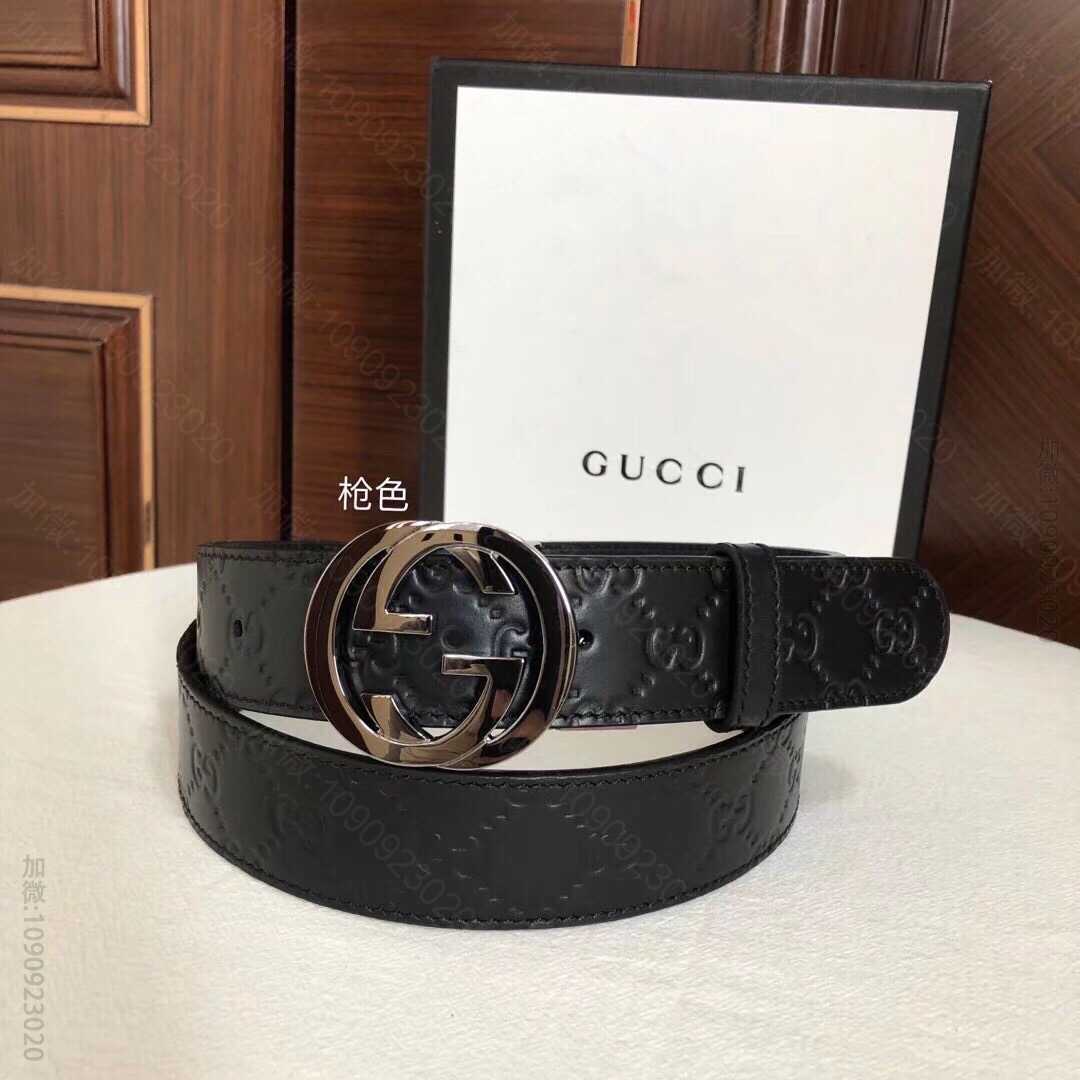 Gucci古驰双G旋转金属扣，logo压纹皮带36mm