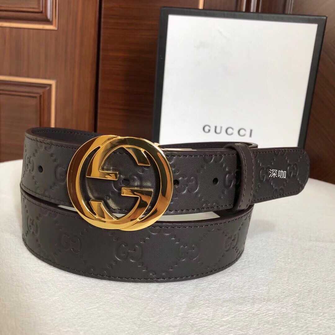 Gucci古驰双G旋转金属扣，logo压纹皮带36mm