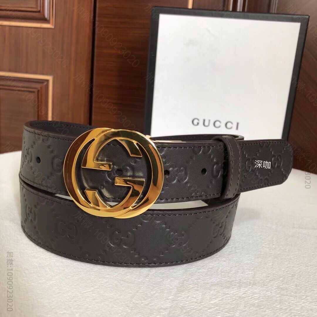 Gucci古驰双G旋转金属扣，logo压纹皮带36mm