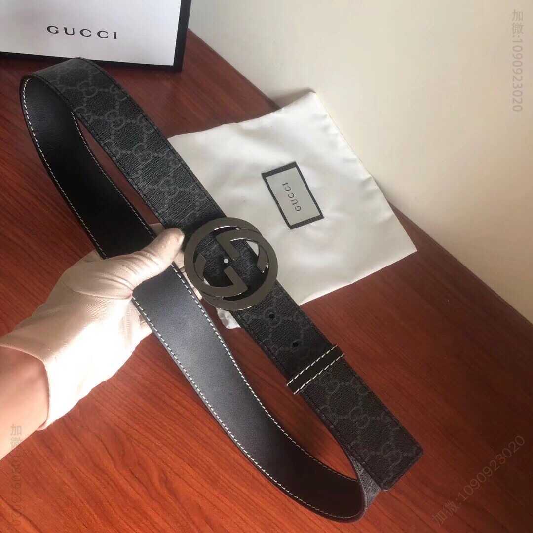 GUCCI古驰男士乌木色PVC配皮金属板扣式腰带3.8cm