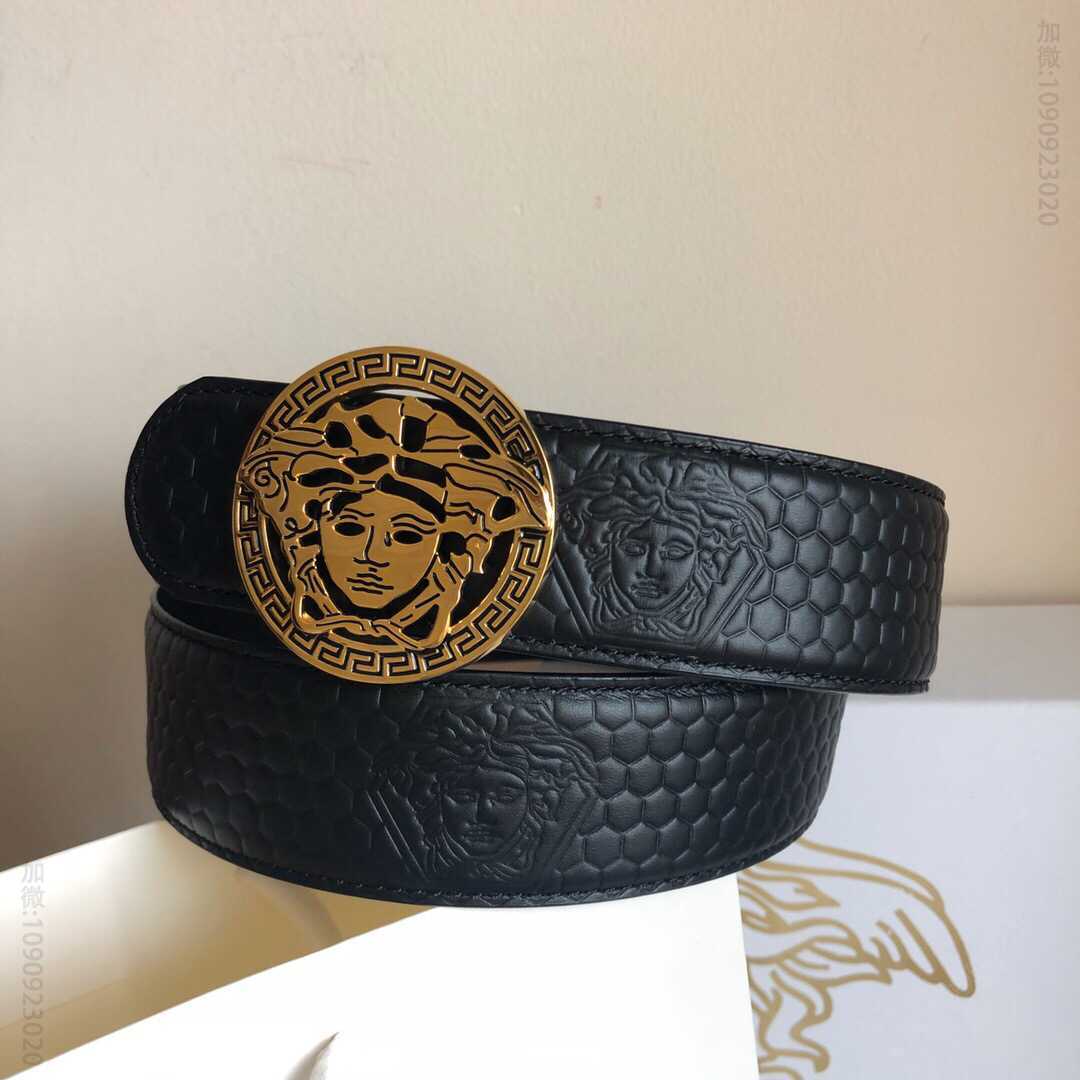 VERSACE范思哲男士头层牛皮鳄鱼纹理镂空金属扣3.8cm腰带