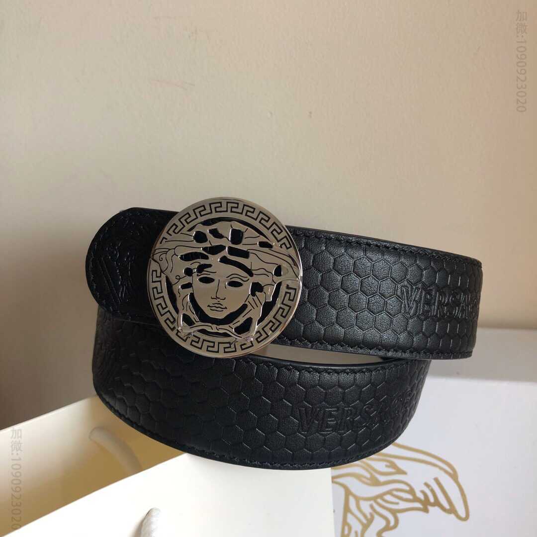 VERSACE范思哲男士头层牛皮鳄鱼纹理镂空金属扣3.8cm腰带