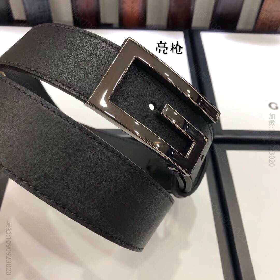 Gucci古驰3.5cm男女同款全皮黑色金扣银扣枪扣GG腰带