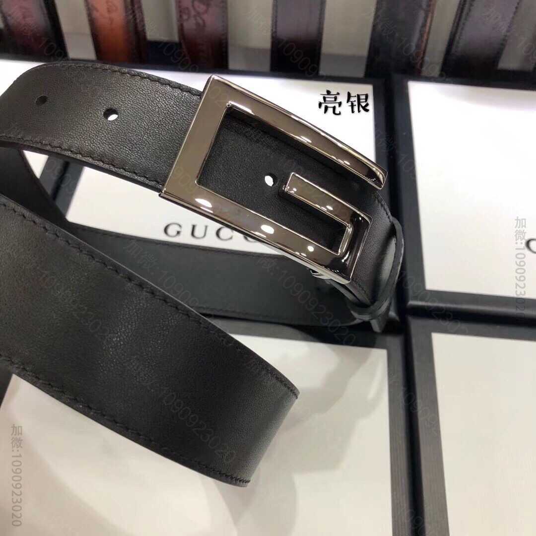 Gucci古驰男女同款全皮黑色金扣银扣枪扣GG腰带 古奇男女款皮带 