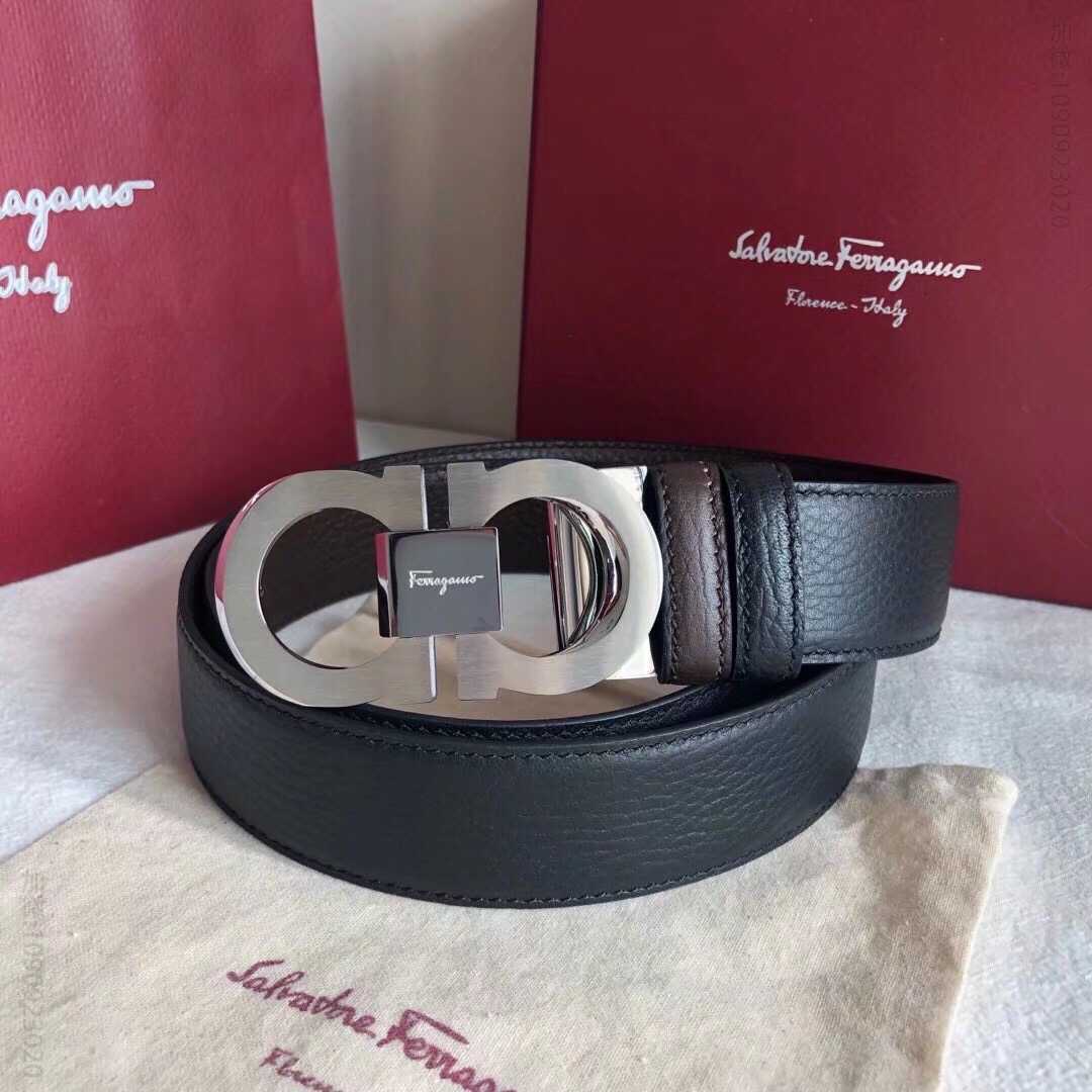 SalvatoreFerragamo菲拉格慕男士3.5cm精钢双圈金属夹扣，头层牛皮双面荔枝腰带