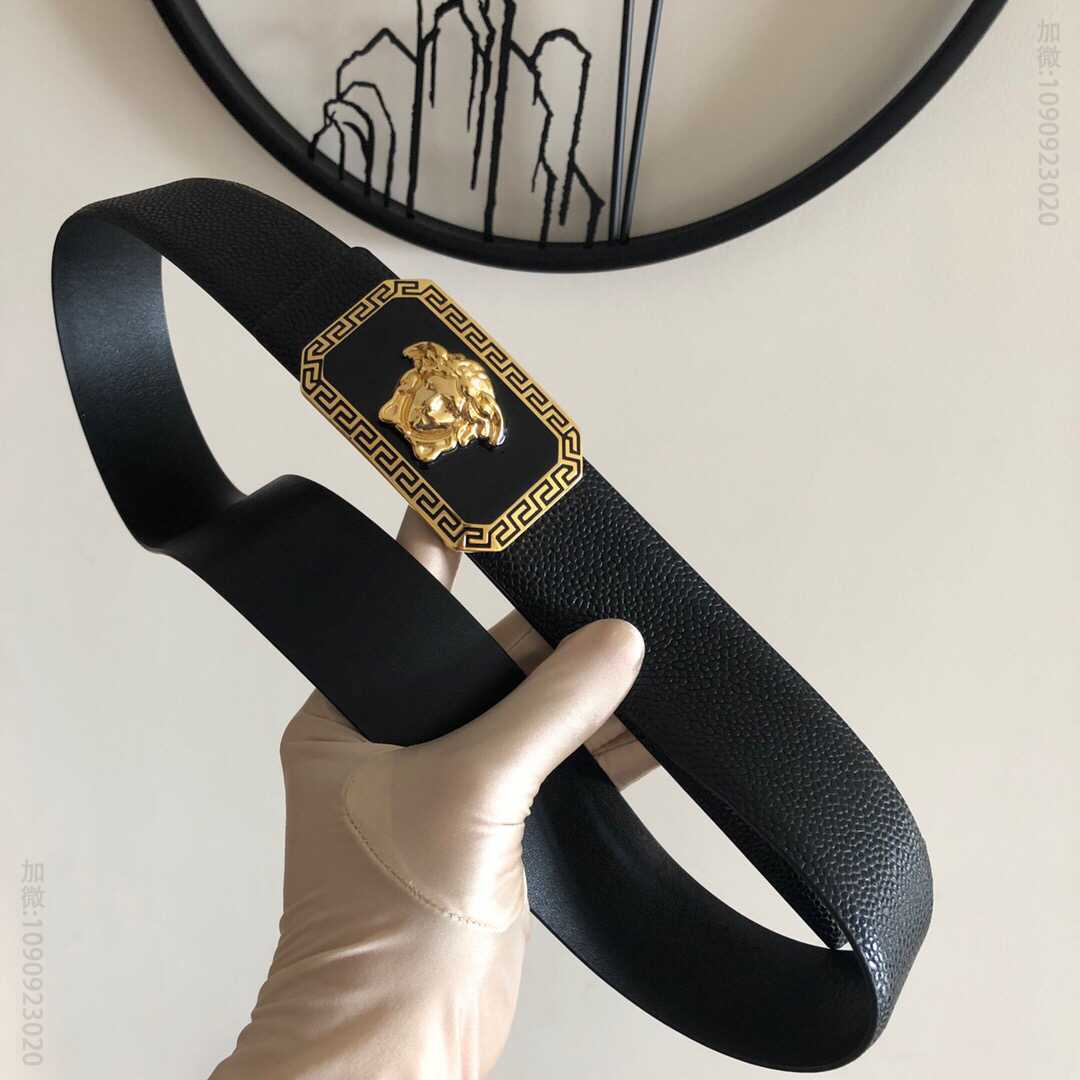 范思哲(Versace)精钢美杜莎树脂金属夹扣头层牛皮珍珠纹理3.8cm腰带