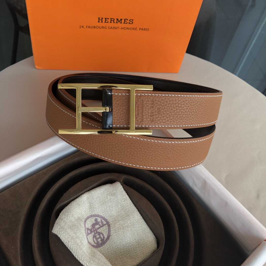 爱马仕(Hermes）Quentin32mm双面腰带镀钯腰带针扣