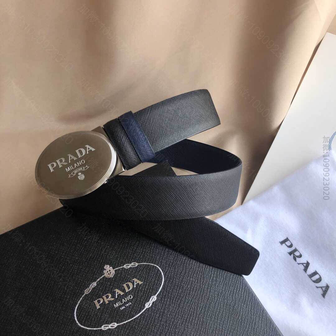 普拉达（Prada)男士十字纹搭配鹅卵复古拉丝亮光金属扣腰带