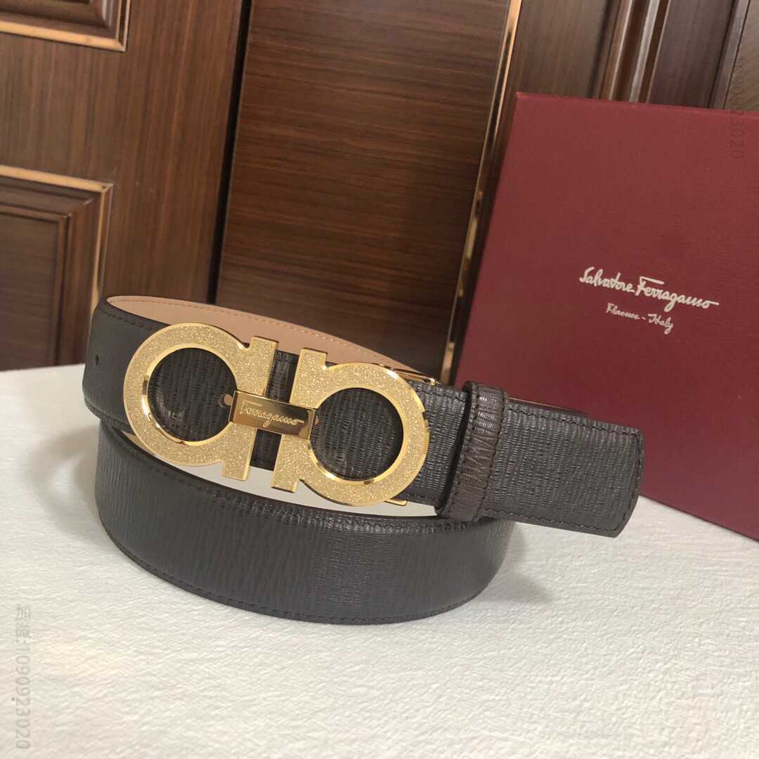 SalvatoreFerragamo菲拉格慕男士3.5cm精钢滚砂金属夹扣，头层牛皮磨砂内里腰带