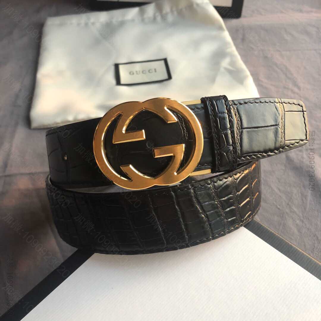 Gucci古驰精钢双G金属夹扣，搭配头层牛皮压印鳄鱼纹理35mm腰带