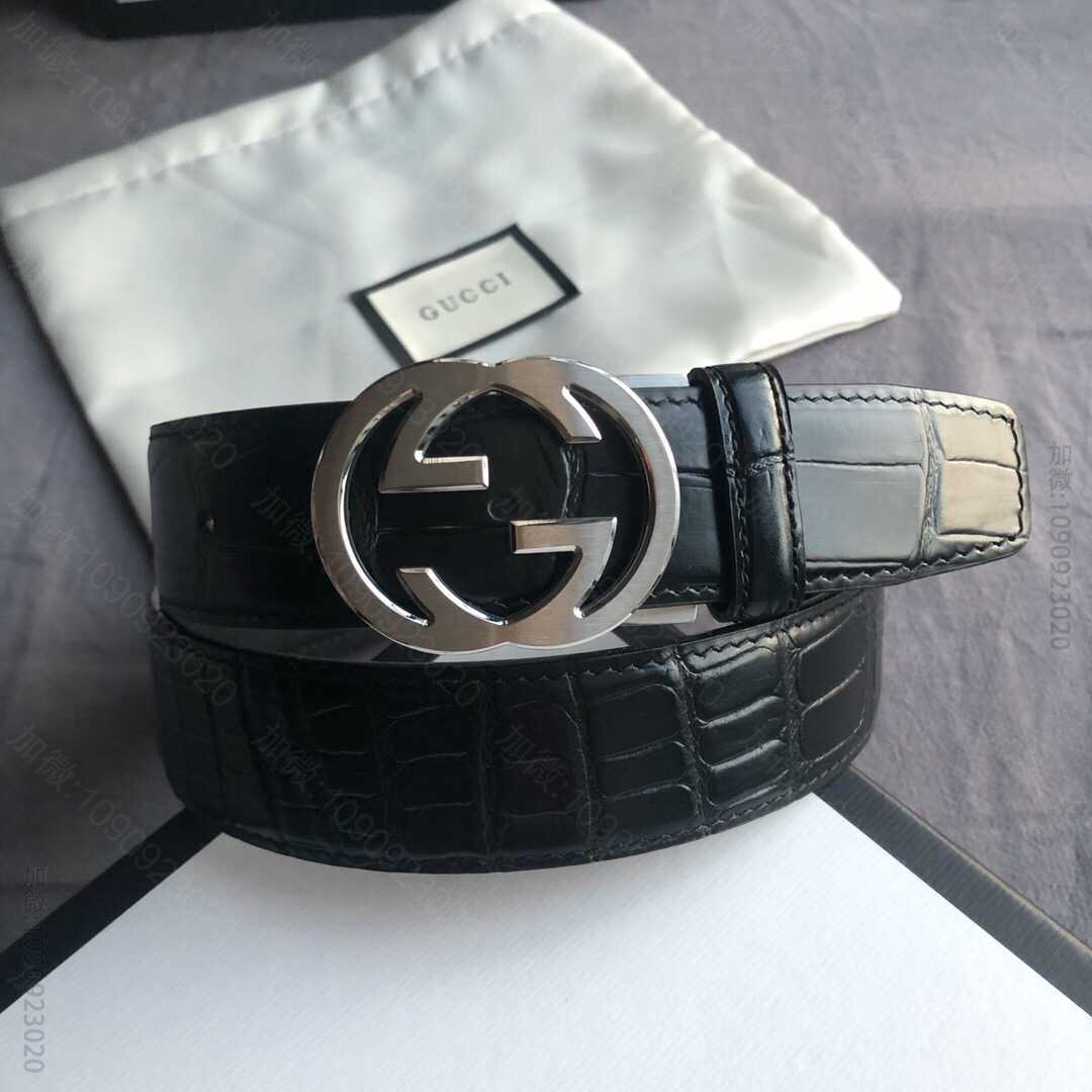 Gucci古驰精钢双G金属夹扣，搭配头层牛皮压印鳄鱼纹理35mm腰带
