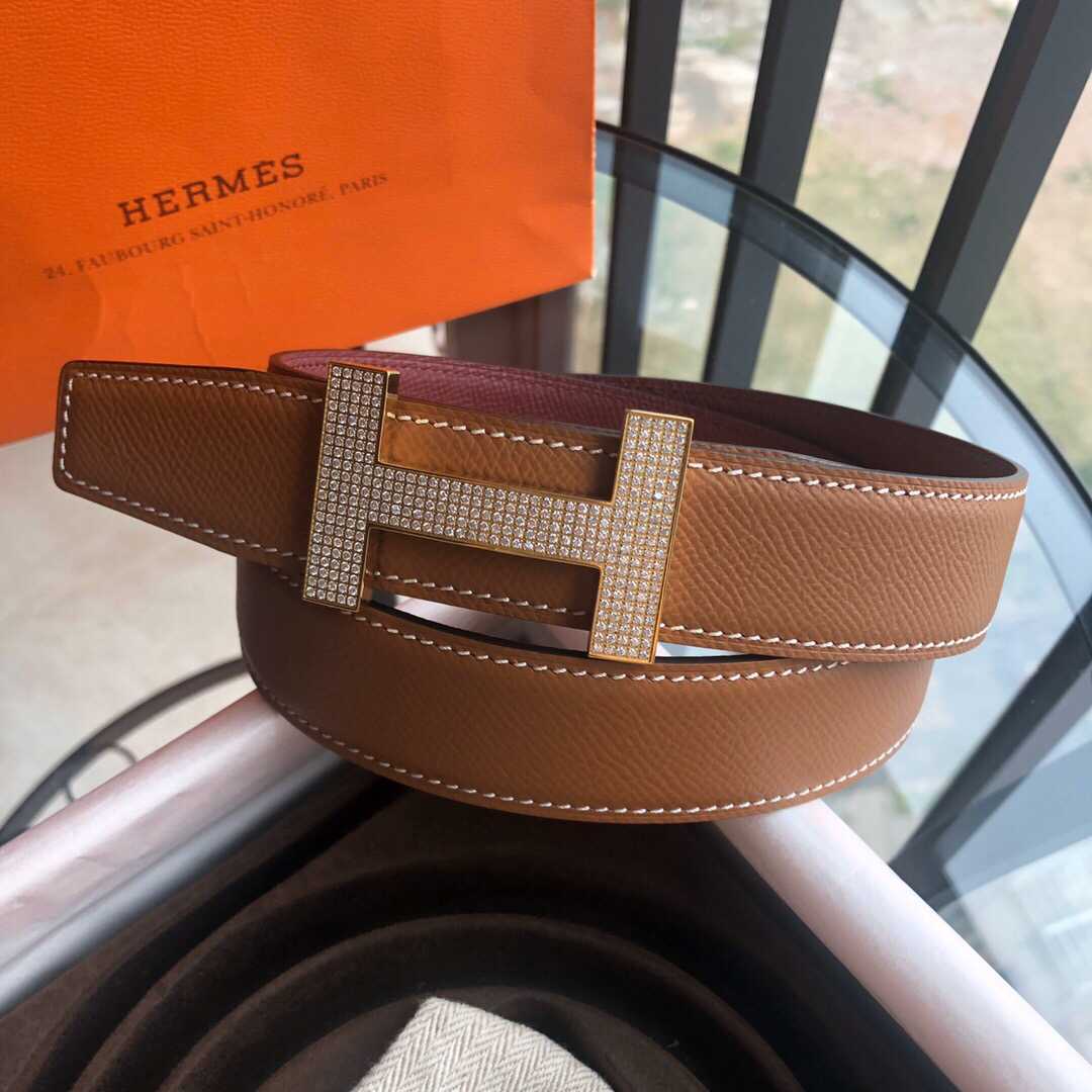 Hermes精钢H镶嵌钻扣，搭配双面皮腰带32毫米