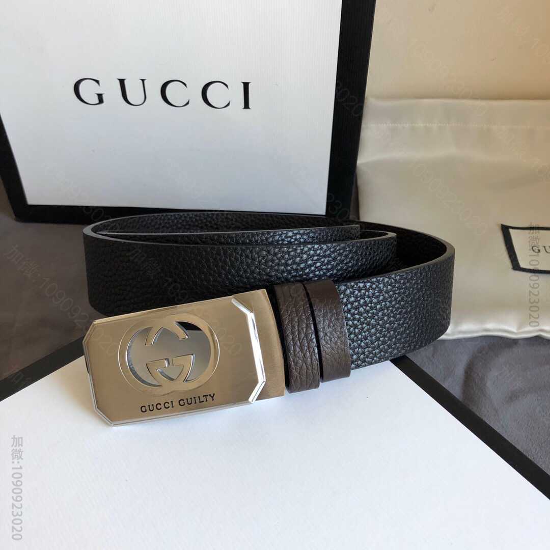 Gucci古驰精钢燃情醉爱镂空金属夹扣搭配头层牛皮荔枝腰带35mm