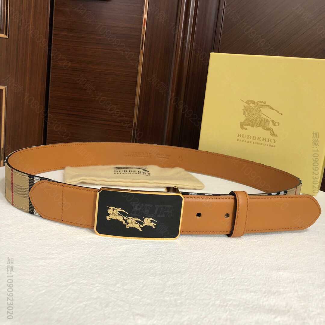 BURBERRY博柏利男士牛皮腰带树脂工艺标志战马金属扣3.5cm，格纹帆布...
