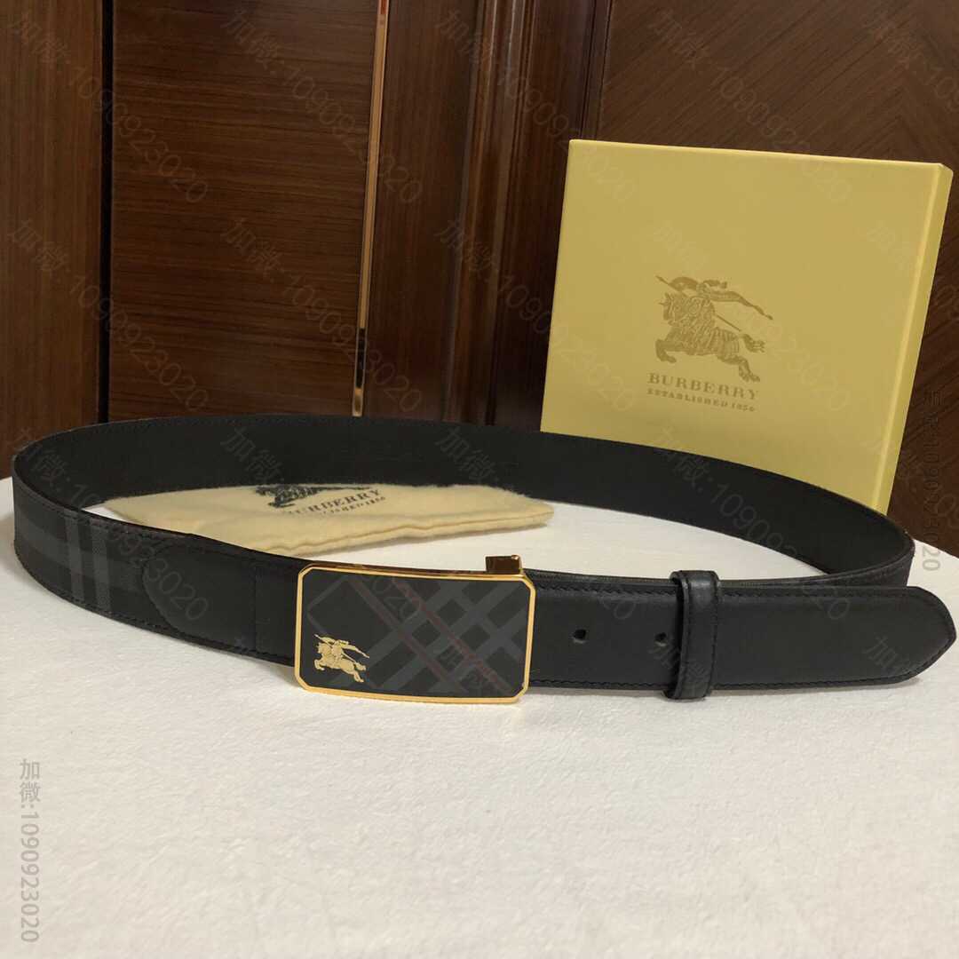BURBERRY博柏利男士牛皮腰带树脂工艺标志战马金属扣3.5cm，格纹帆布...