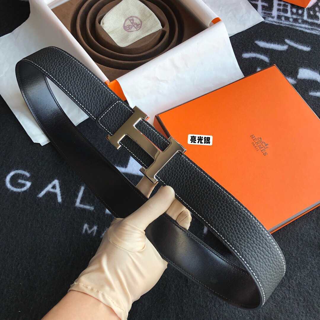 Hermes爱马仕经典H亮光金色/钯扣，进口togo皮小牛皮男士38mm腰带