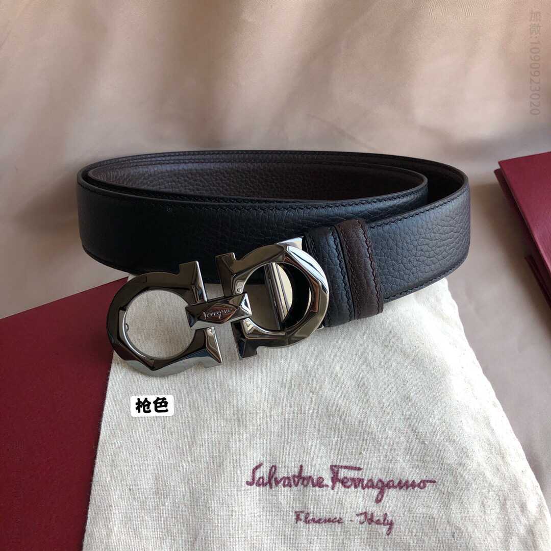 SalvatoreFerragamo菲拉格慕男士3.5cm新款切面金属夹扣，头层牛皮荔枝腰带
