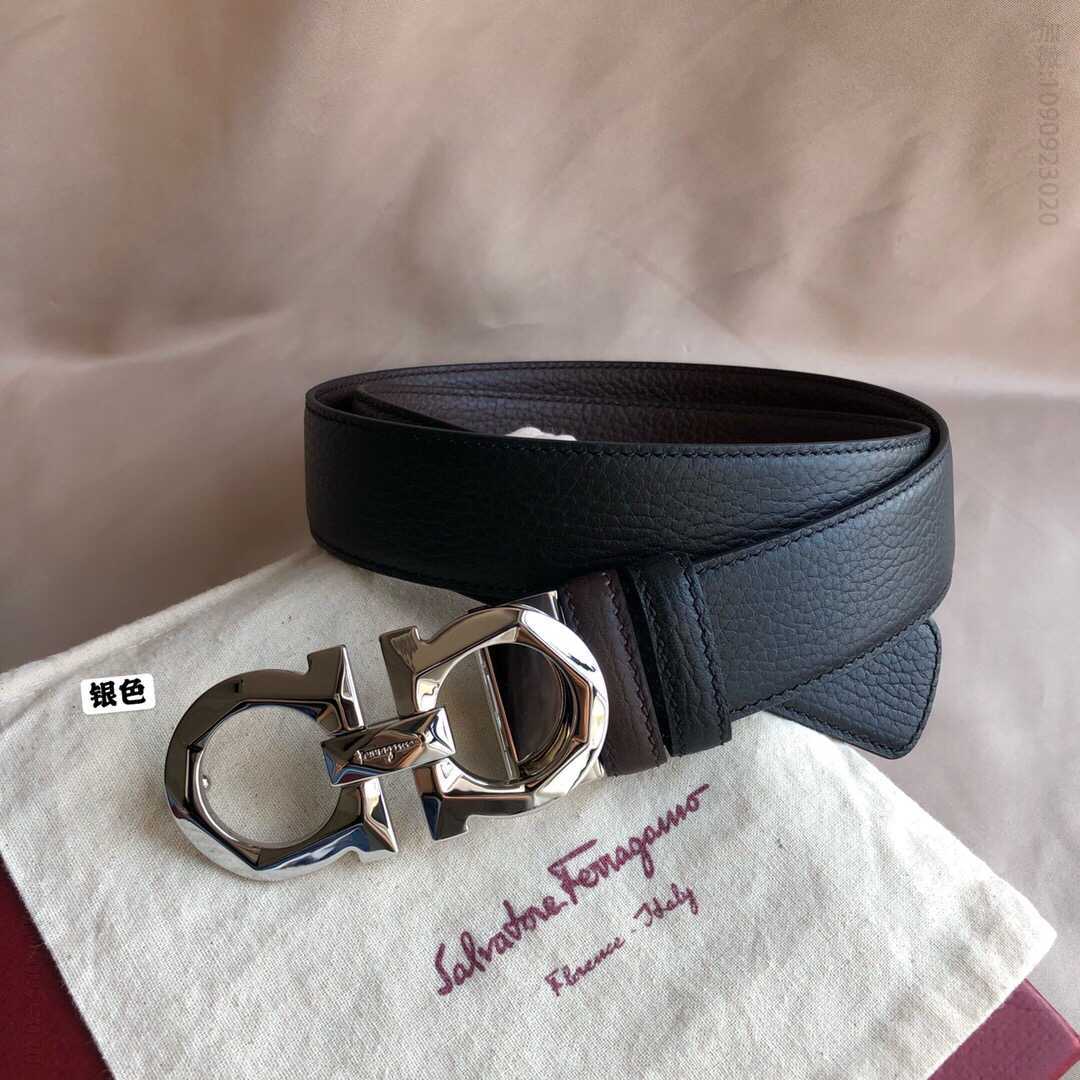 SalvatoreFerragamo菲拉格慕男士3.5cm新款切面金属夹扣，头层牛皮荔枝腰带