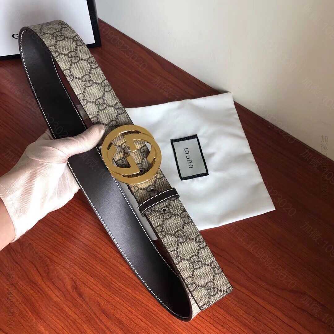 GUCCI古驰男士乌木色PVC配皮金属板扣式腰带3.8cm 