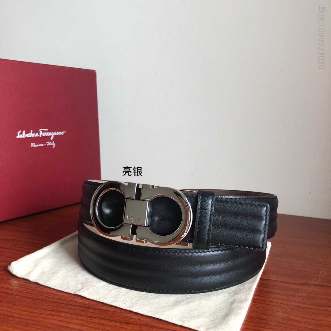SalvatoreFerragamo菲拉格慕男士3.5cm精品专柜版型金属双圈夹扣，进口双面头层牛皮波浪纹理腰带，可剪裁