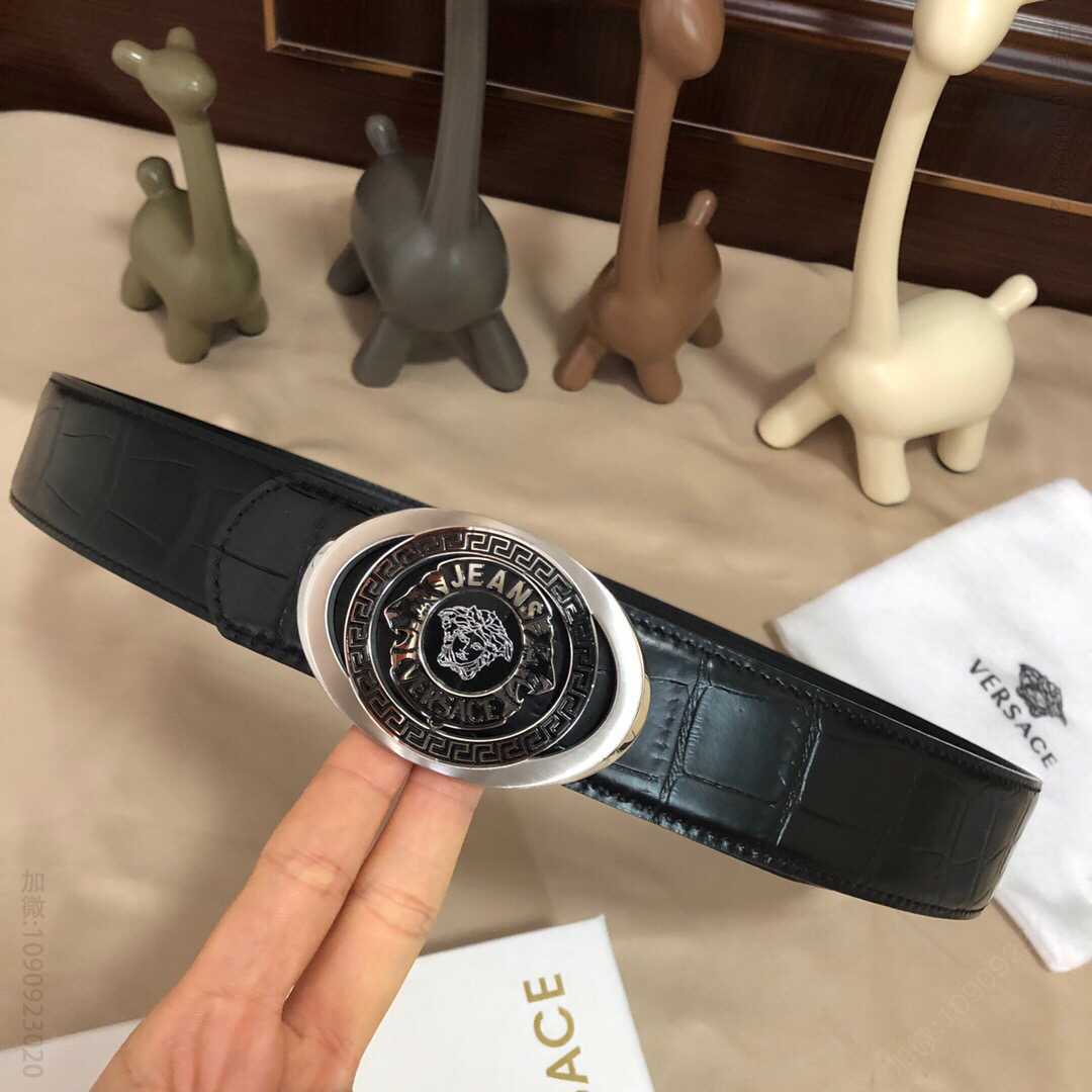 VERSACE范思哲男士黑色头层牛皮鳄鱼纹理腰带3.8cm