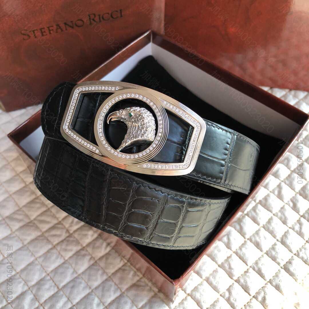 STEFANORICCI史蒂芬精钢动物图案鹰头镶嵌钻金属挂扣牛皮鳄鱼纹理38...