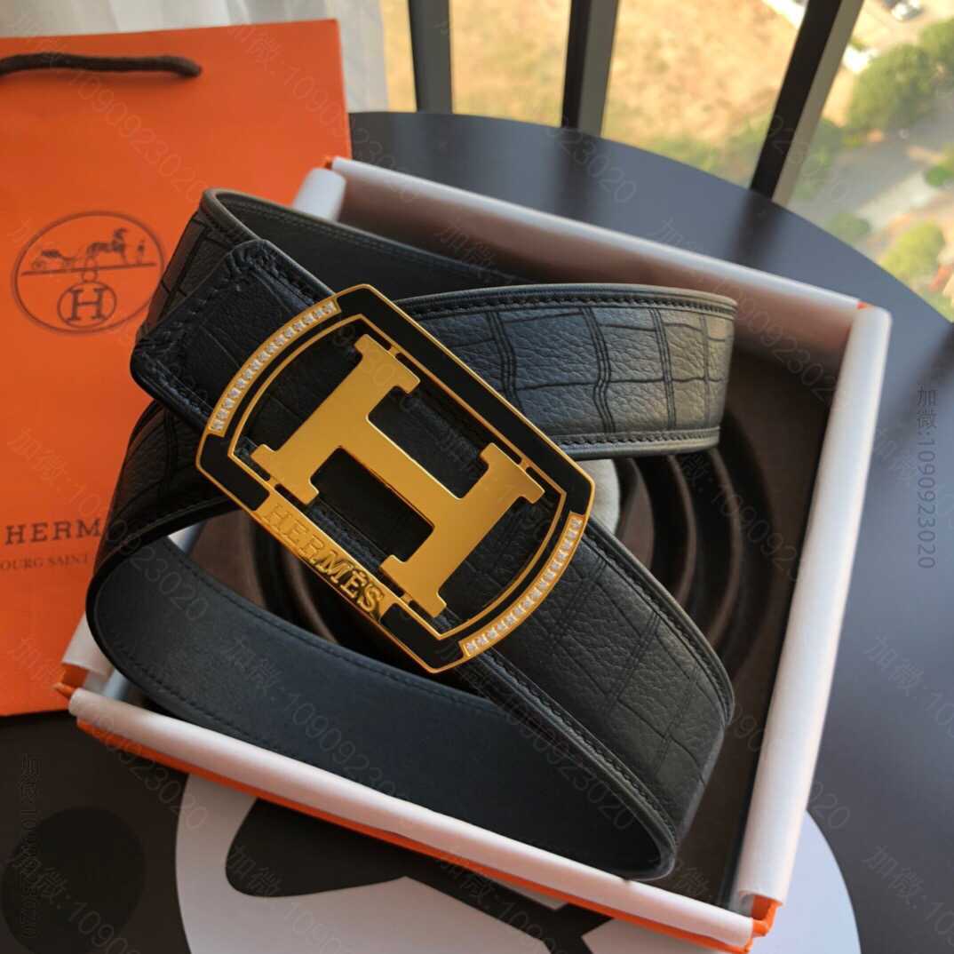 Hermes爱马仕 精钢H方形树脂镶嵌钻扣，搭配高档鹿皮男款3.8cm腰带