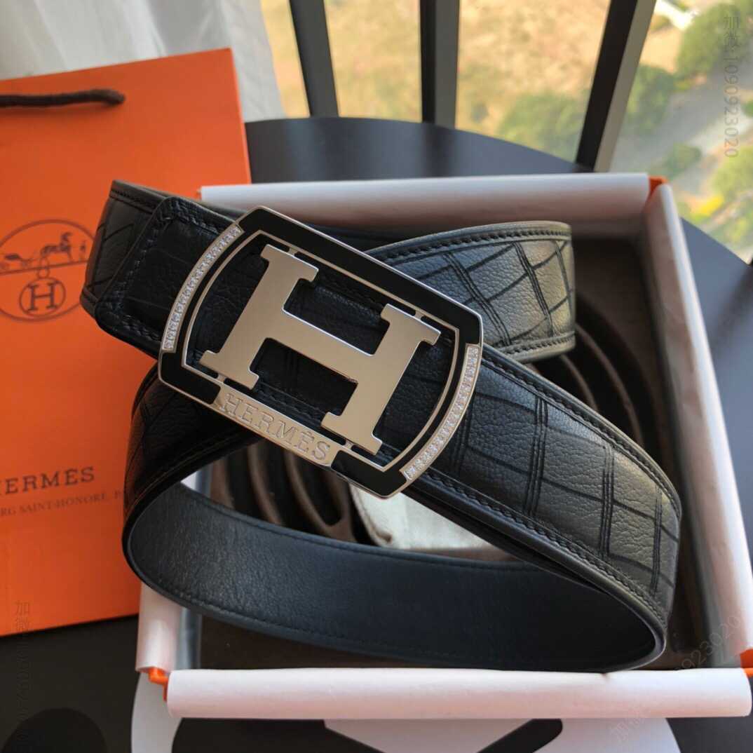 Hermes爱马仕 精钢H方形树脂镶嵌钻扣，搭配高档鹿皮男款3.8cm腰带