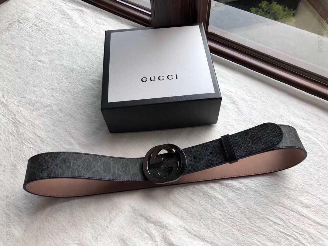 Gucci古驰男士时尚休闲帆布双G印花挂钩头腰带3.8cm