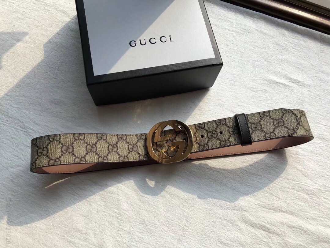 Gucci古驰男士时尚休闲帆布双G印花挂钩头腰带3.8cm