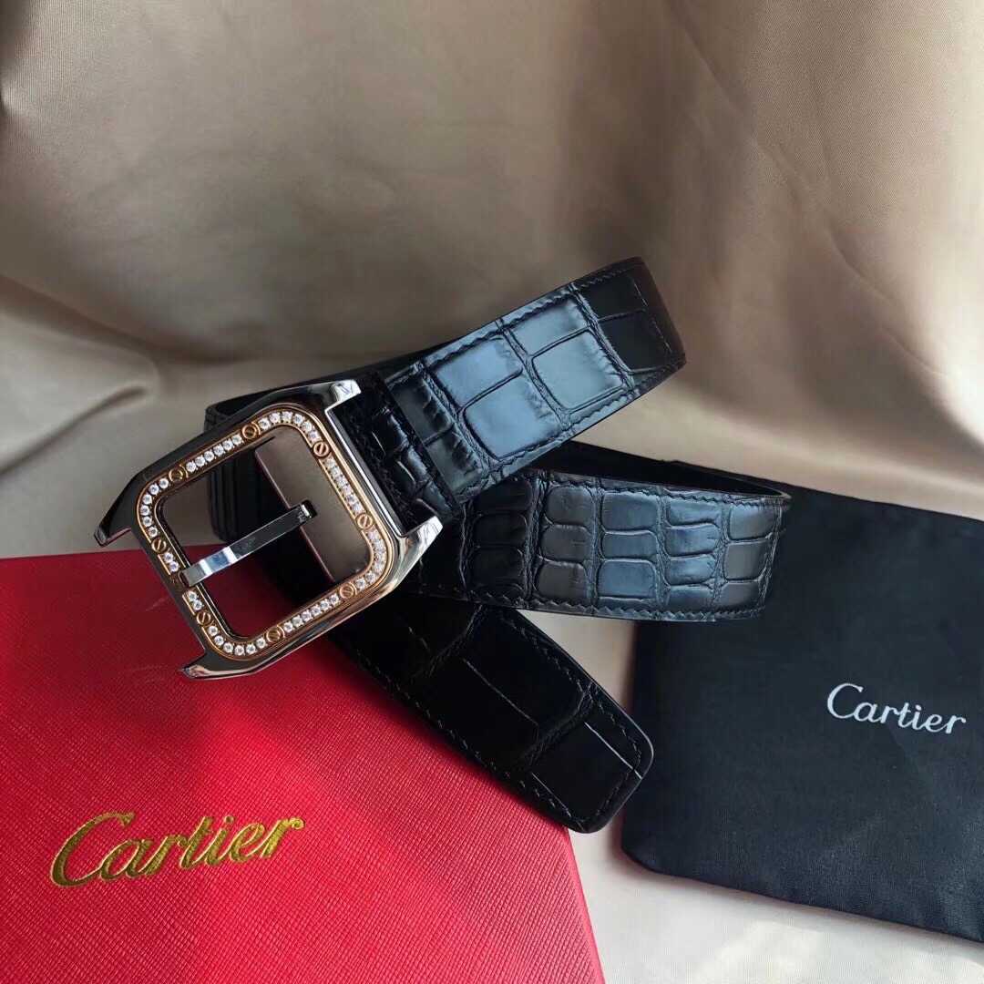 Cartier卡地亚精钢镶嵌钻针式扣搭配头层牛皮腰带3.5cm
