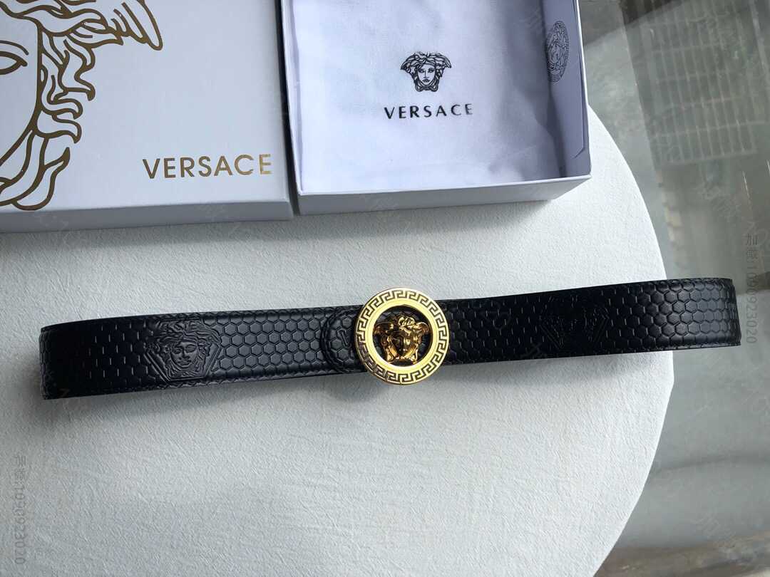 VERSACE范思哲男士黑色咖啡头层牛皮美杜莎标志腰带3.8cm